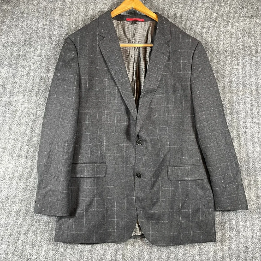 Hugo Boss Blazer Mens 46L Grey Windowpane Wool Sport Coat Suit Jacket Business